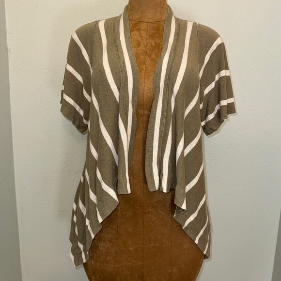Chico's Linen Blend Olive Green White Stripe Open Front Cardigan Sz 1 or M - Picture 1 of 7